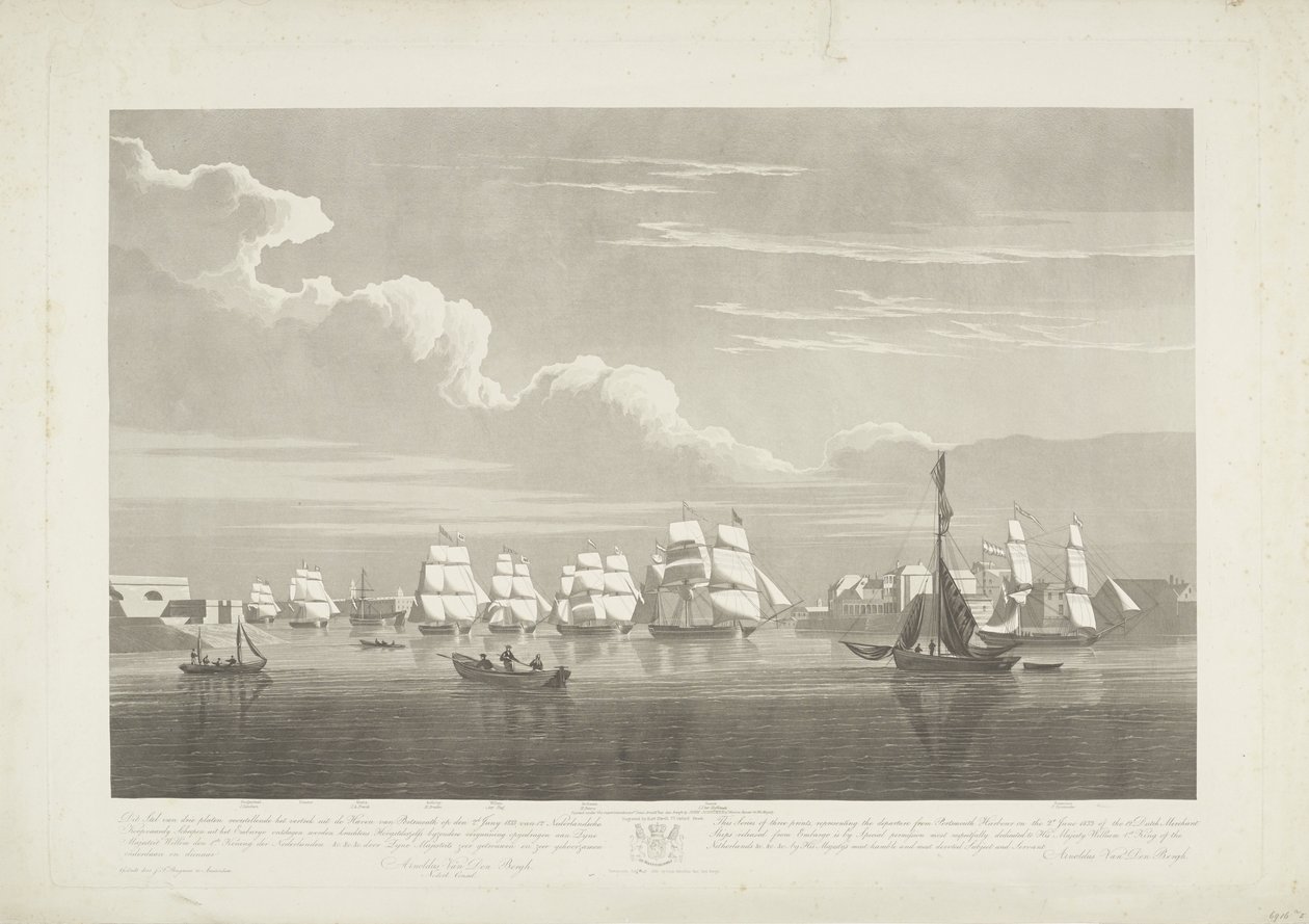 Partida de doze navios mercantes holandeses do porto de Portsmouth, 1833 (slide 1)
Este conjunto de três placas representando a saída do porto de Portsmouth em 2.d Juny 1833 de 12 Navios mercantes holandeses fora de Embargo ontsl de Robert Havell (II)