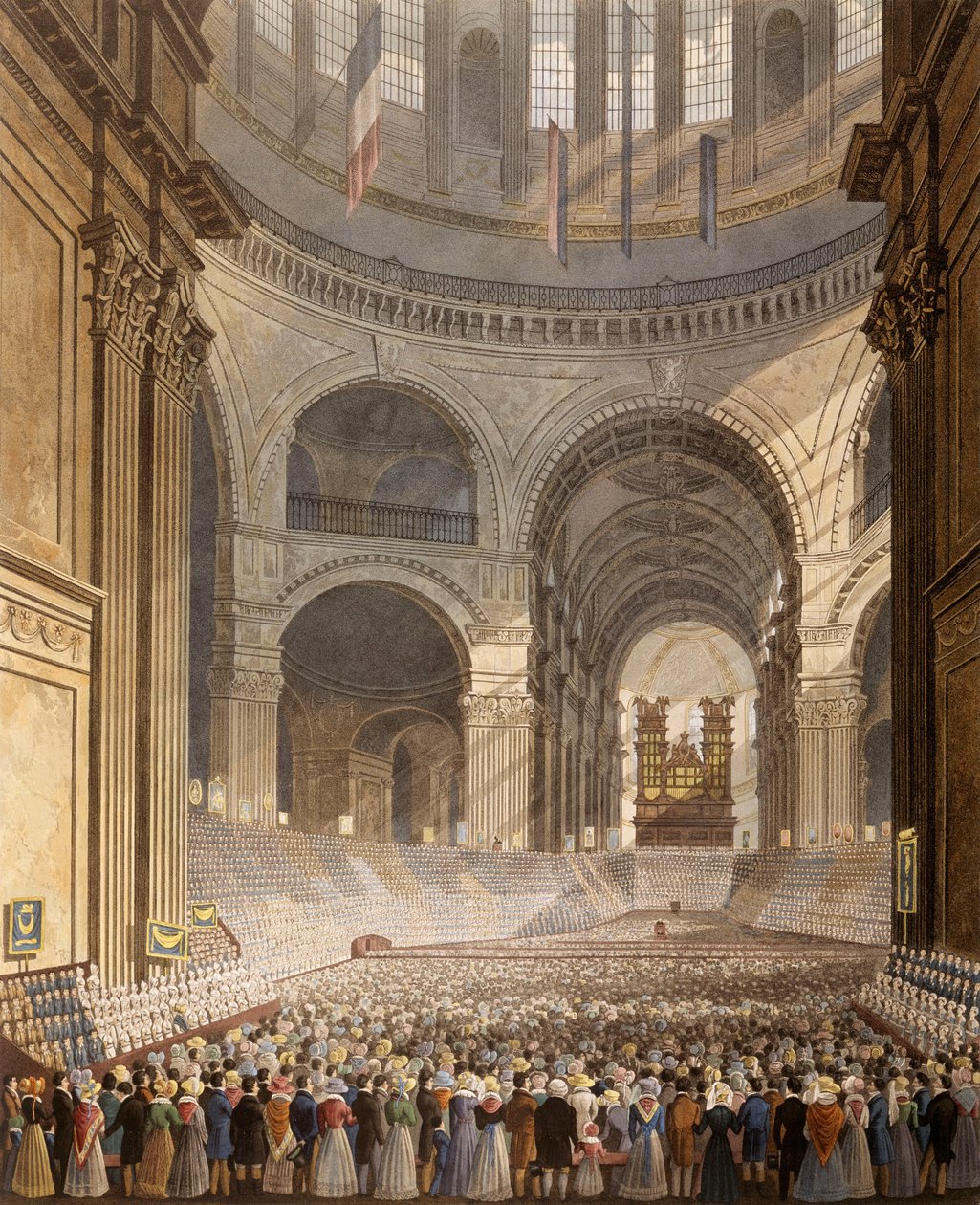 aguarela - Reunião de aniversário das crianças da Caridade na Catedral de S. Paulo de Robert Havell