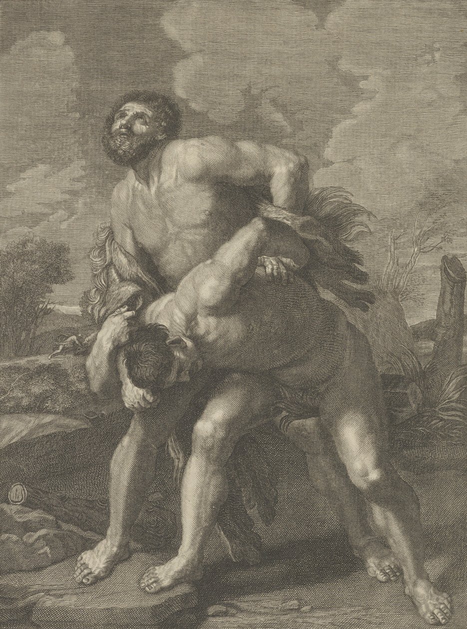 Hércules vestindo uma pele de leão e lutando contra Aqueloo, uma paisagem ao fundo, ..., ca. 1713-72. de Robert Hecquet