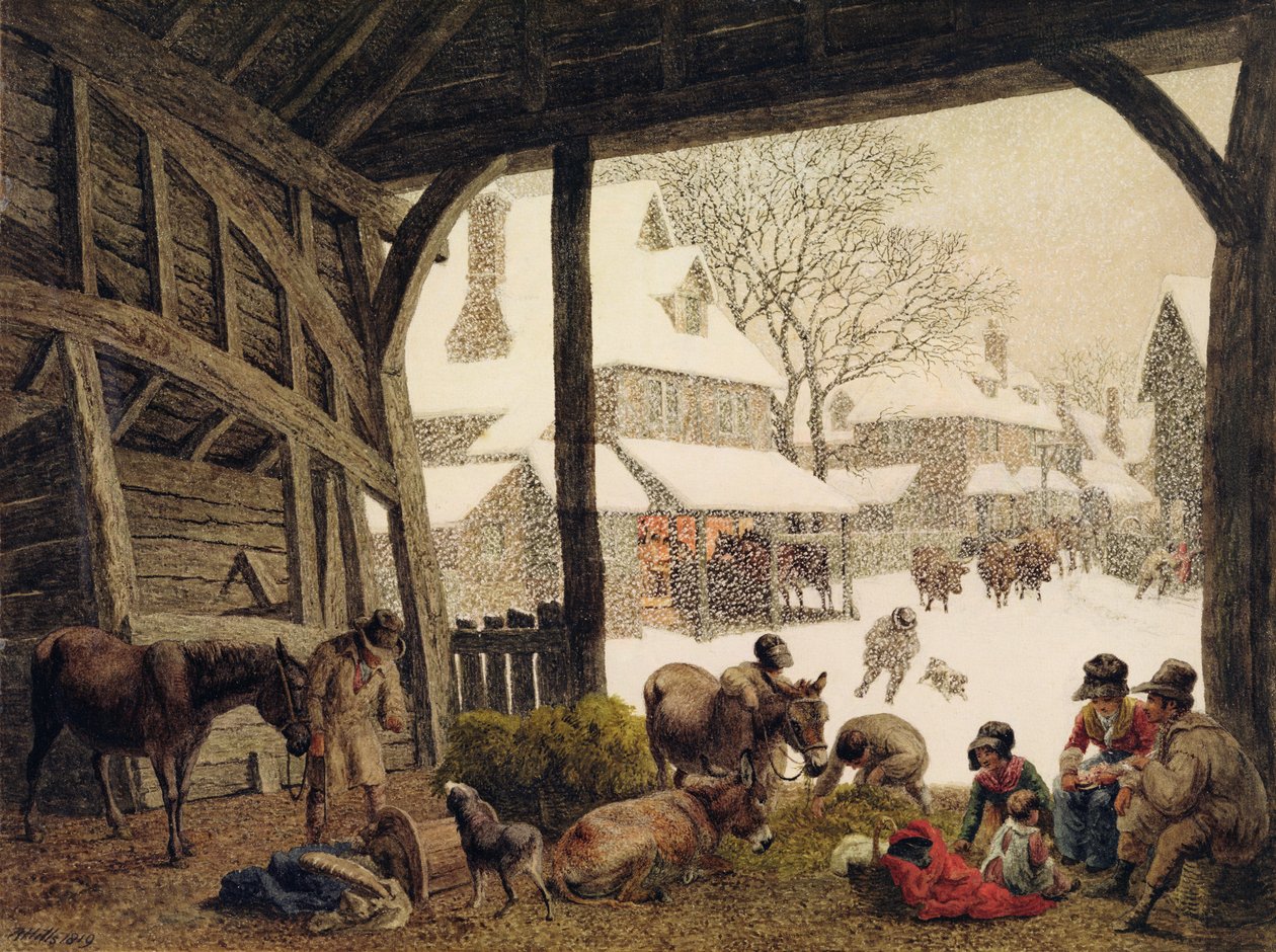 Uma Cena de Neve da Aldeia, 1819 (wc, bodycolour, scraping out over graphite) de Robert Hills