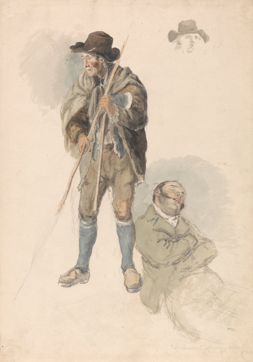 Estudos de figuras: Um Trabalhador Agrícola, Sr. Samuel, o Mestre de Desenho Reclinado e Dozing, e um Ligeiro Esboço de um Homem de Chapéu de Robert Hills
