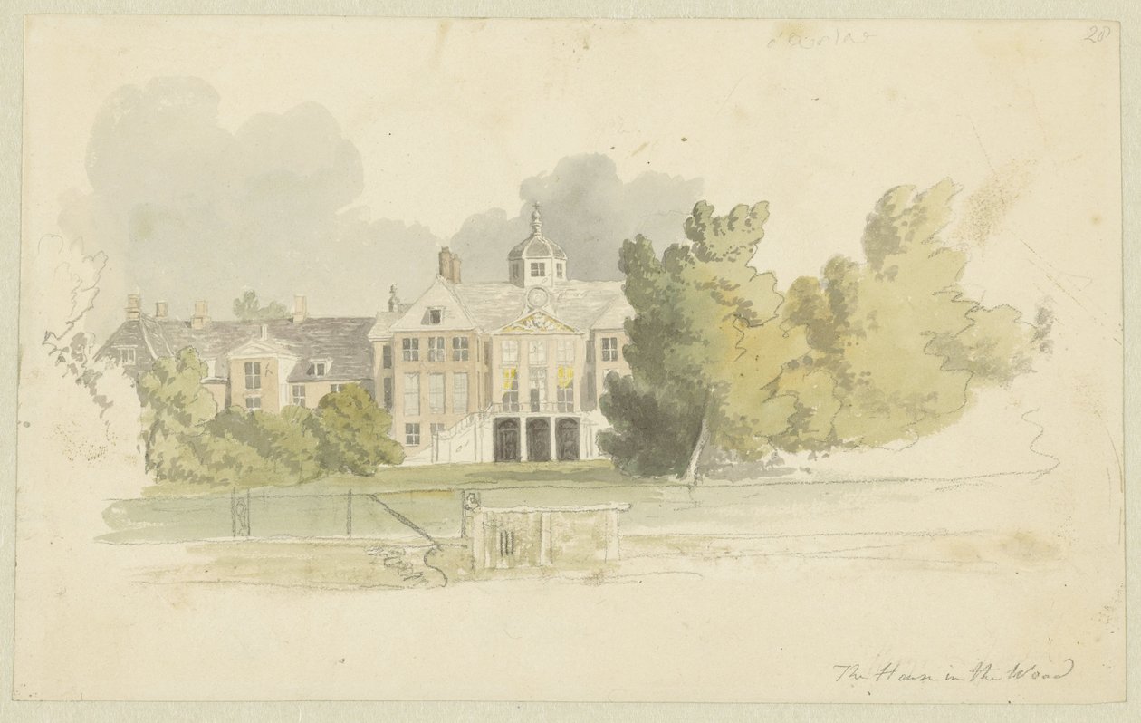 Vista de Huis ten Bosch Desenhos para séries de águas-tintas Sketches in Flanders and Holland (título da série) de Robert Hills