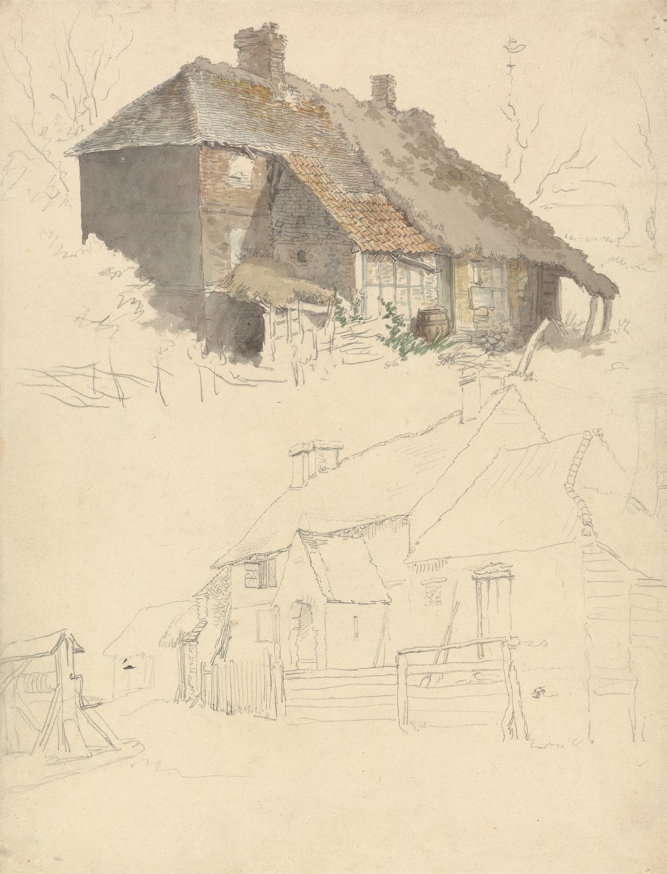 Esboços de Cottages: Dois Estudos sobre uma Folha de Robert Hills