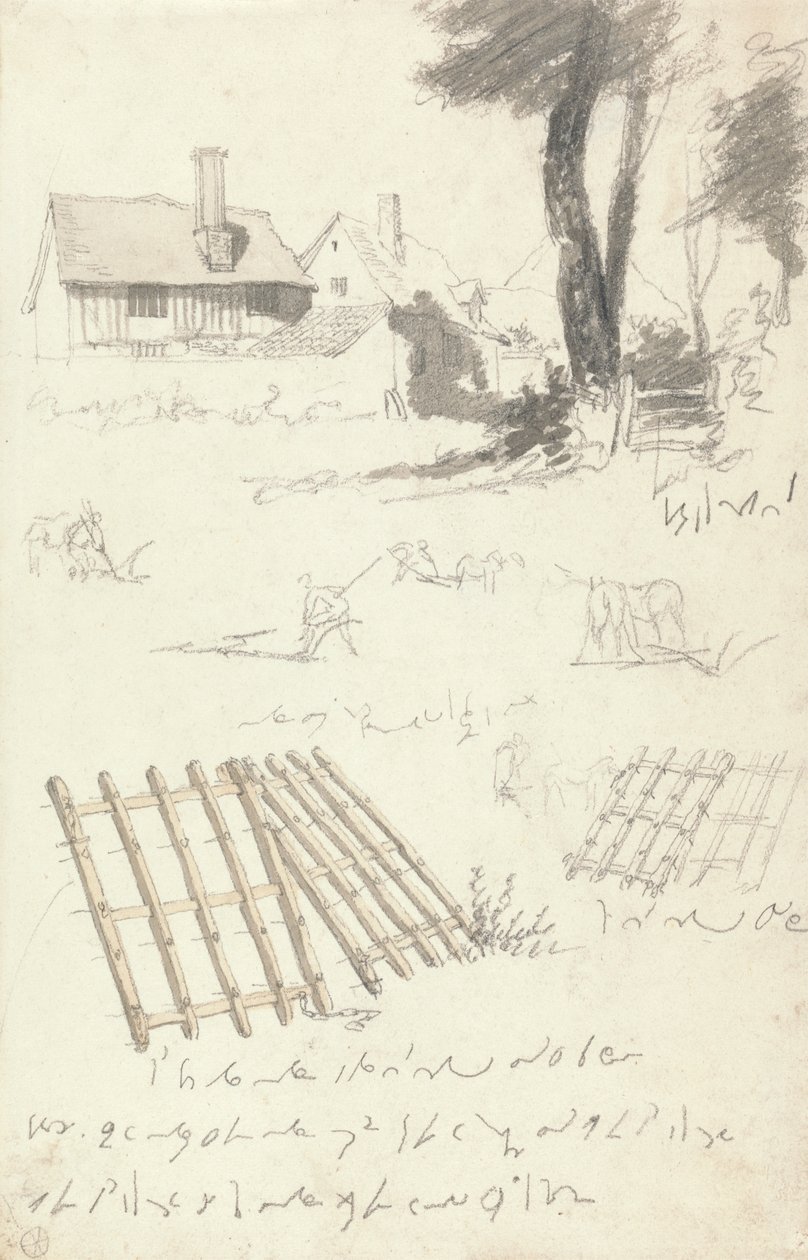 Estudos de Casas de Campo por um Portão, Arado e Gradeiros de Robert Hills