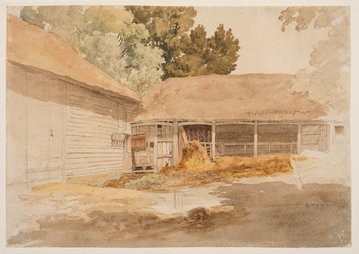 Estudo de um celeiro, c.1820-29 (grafite, aguarela) de Robert Hills