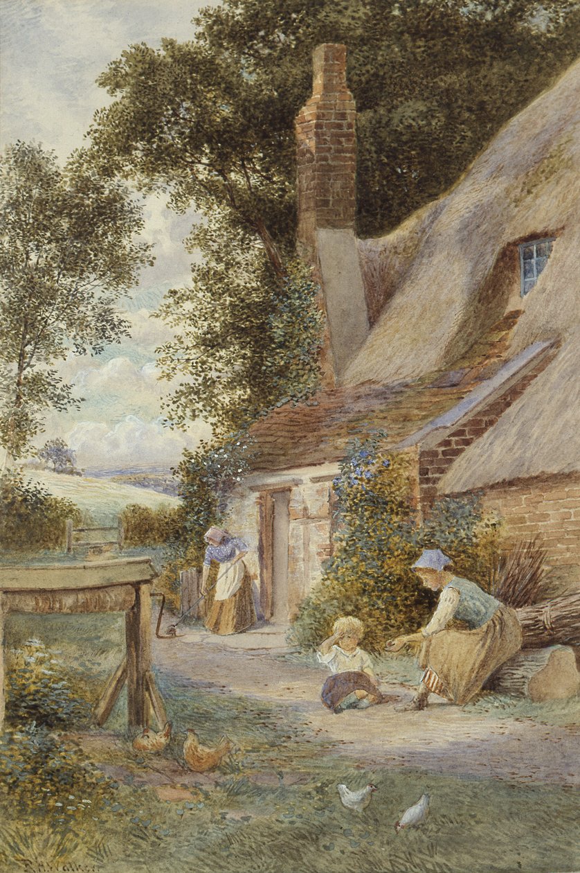 Figuras por uma casa de campo (aguarela sobre papel) de Robert Hollands Walker