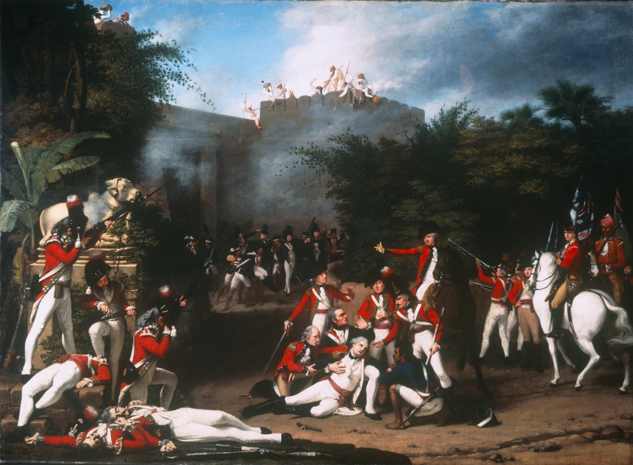 A Morte do Coronel Moorehouse no Assalto do Portão Pettah de Bangalore em 7 de março de 1791, 1793 de Robert Home