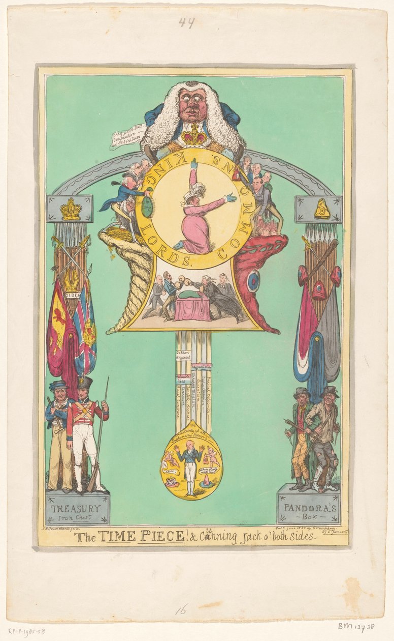 Relógio com a rainha no mostrador, 1820 A peça do tempo! e astuto Jack de ambos os lados de Robert Isaac Cruikshank