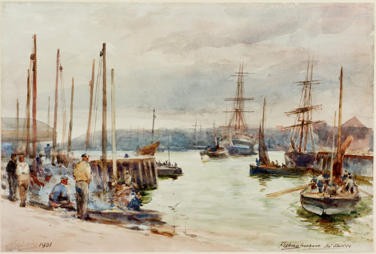 Porto de pesca, North Shields (lápis e aquarela sobre papel) de Robert Jobling