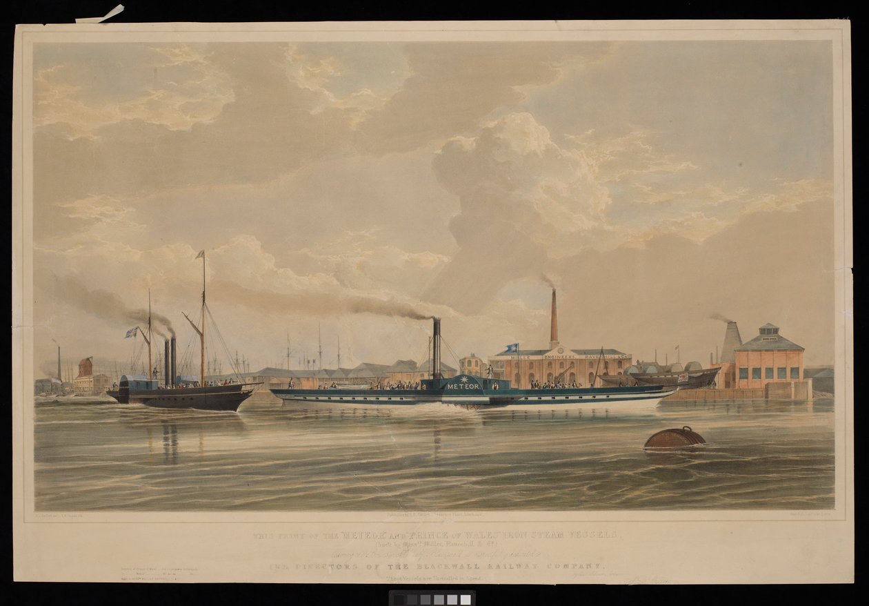 Esta gravura dos navios a vapor de ferro "Meteor" e "Prince of Wales"... deixando o cais de Brunswick, Blackwall... dedicada aos directores da Blackwall Railway Company de Robert Kent (after) Thomas