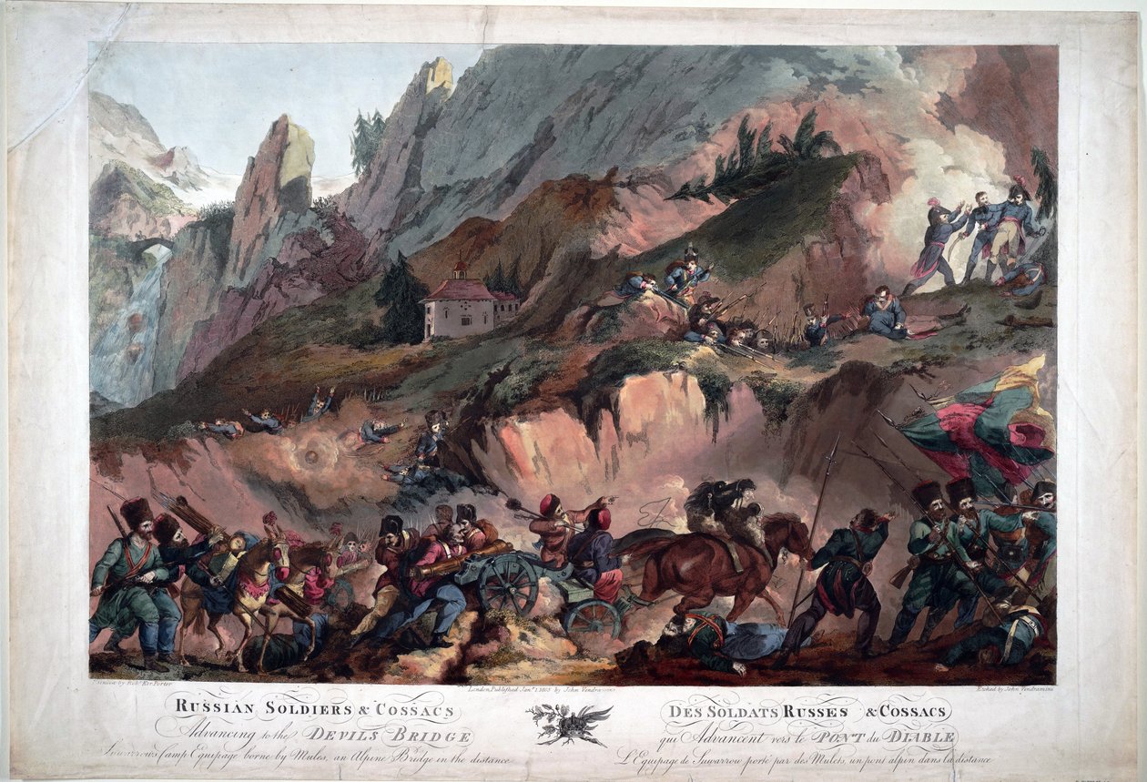 Em 1799, as tropas de Napoleão lutaram na Ponte do Diabo contra os russos comandados pelo General Suvarov - Exército Russo Cruzando a Ponte do Diabo em 1799 - Porter, Robert Carr (1777-1842) - 1804 - Aquatint - 63x91,3 - Coleção Privada de Robert Kerr Porter