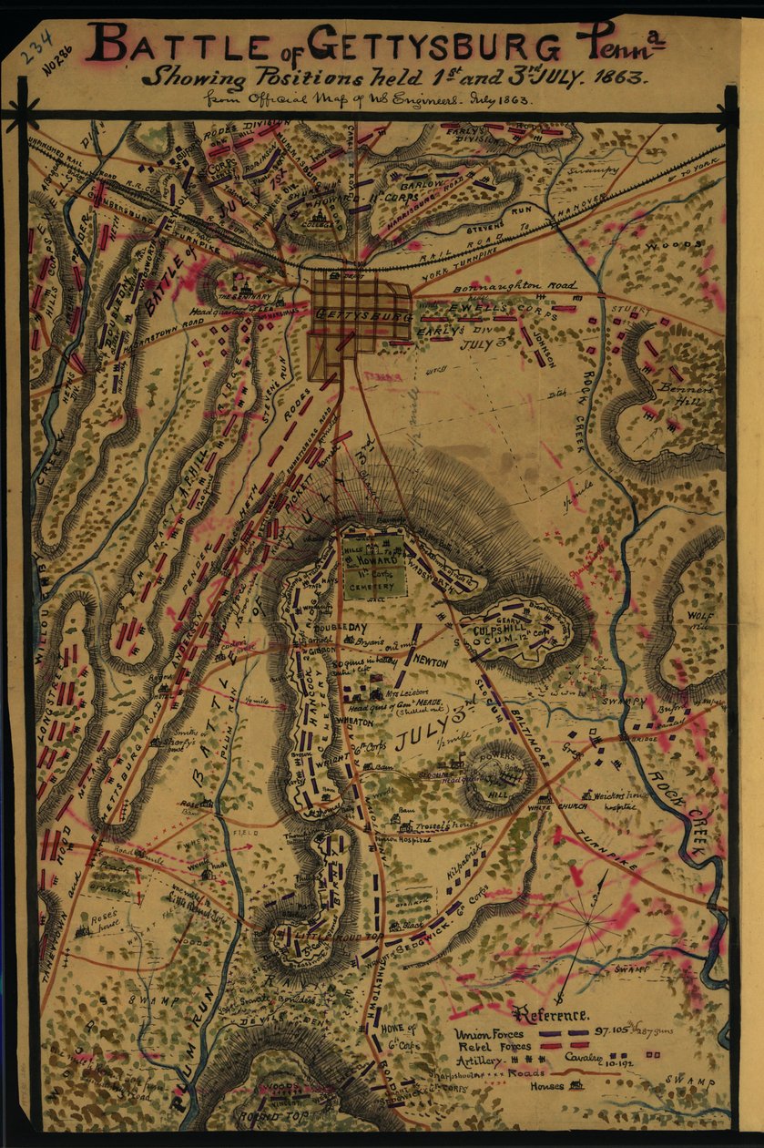 Batalha de Gettysburg, Penna. Mostrando as posições ocupadas a 1 e 3 de julho de 1863. LOC gvhs01.vhs00265 de Robert Knox Sneden