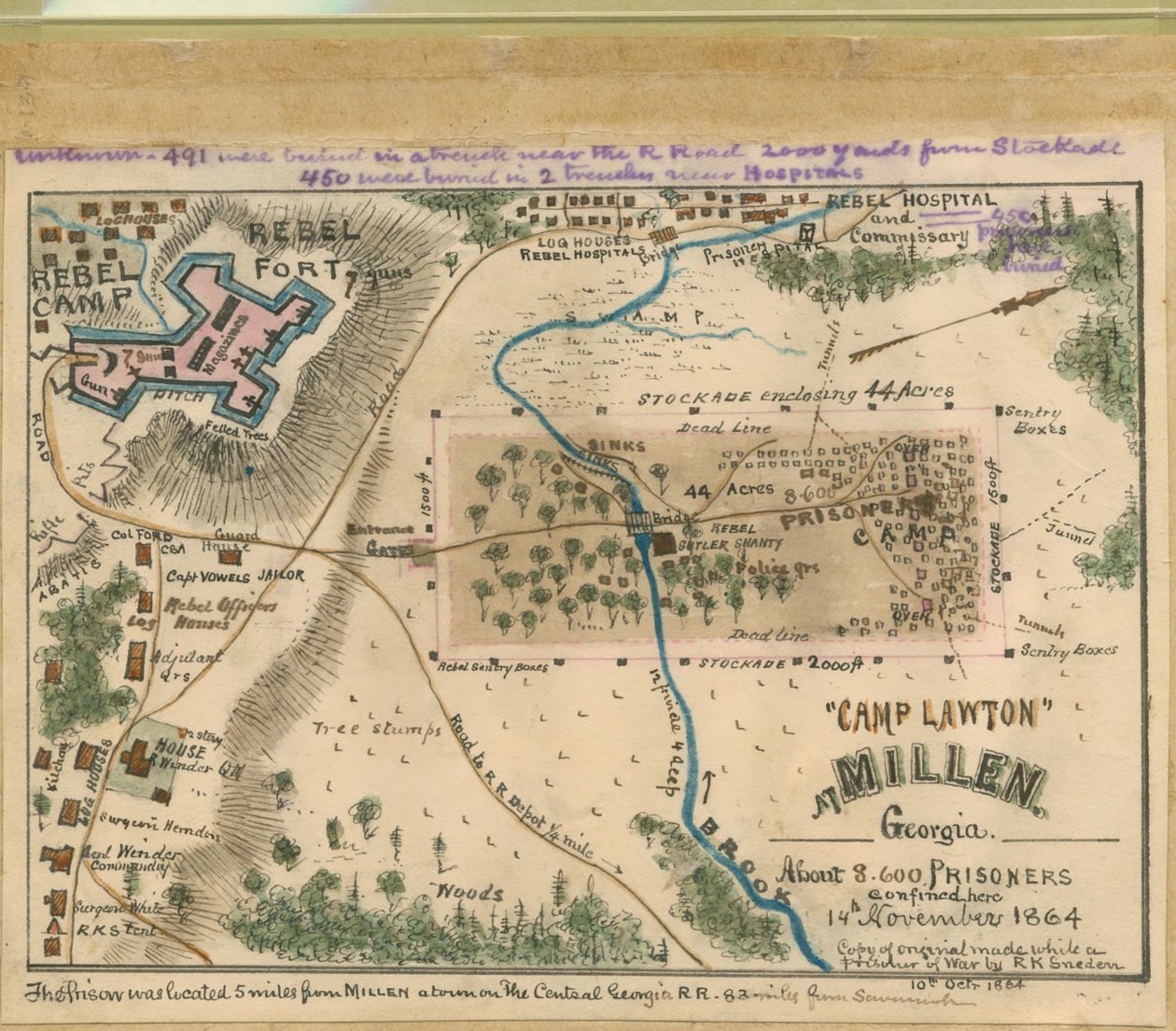 "Camp Lawton" em Millen, Geórgia - cerca de 8.600 prisioneiros aqui confinados a 14 de novembro de 1864. LOC gvhs01.vhs00054 de Robert Knox Sneden