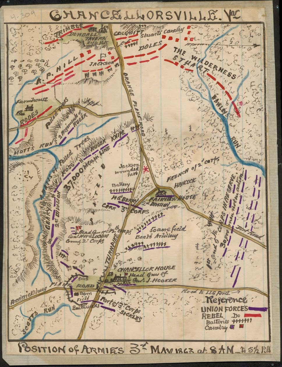 Chancellorsville, Va. Posição dos exércitos em 3 de maio de 1863 das 8h às 5h 1-2h LOC gvhs01.vhs00136 de Robert Knox Sneden