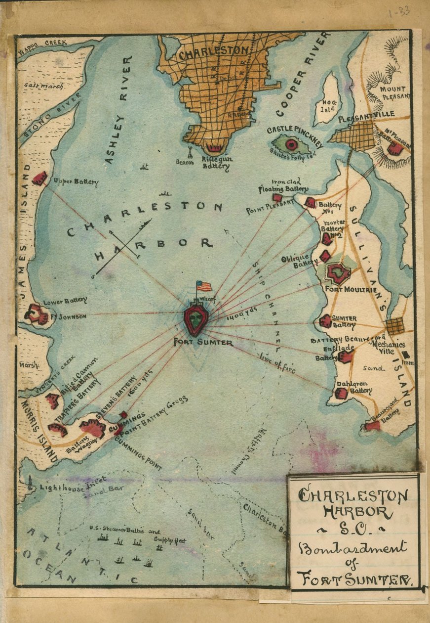 Porto de Charleston, S.C. Bombardeamento do Forte Sumter. LOC gvhs01.vhs00058 de Robert Knox Sneden