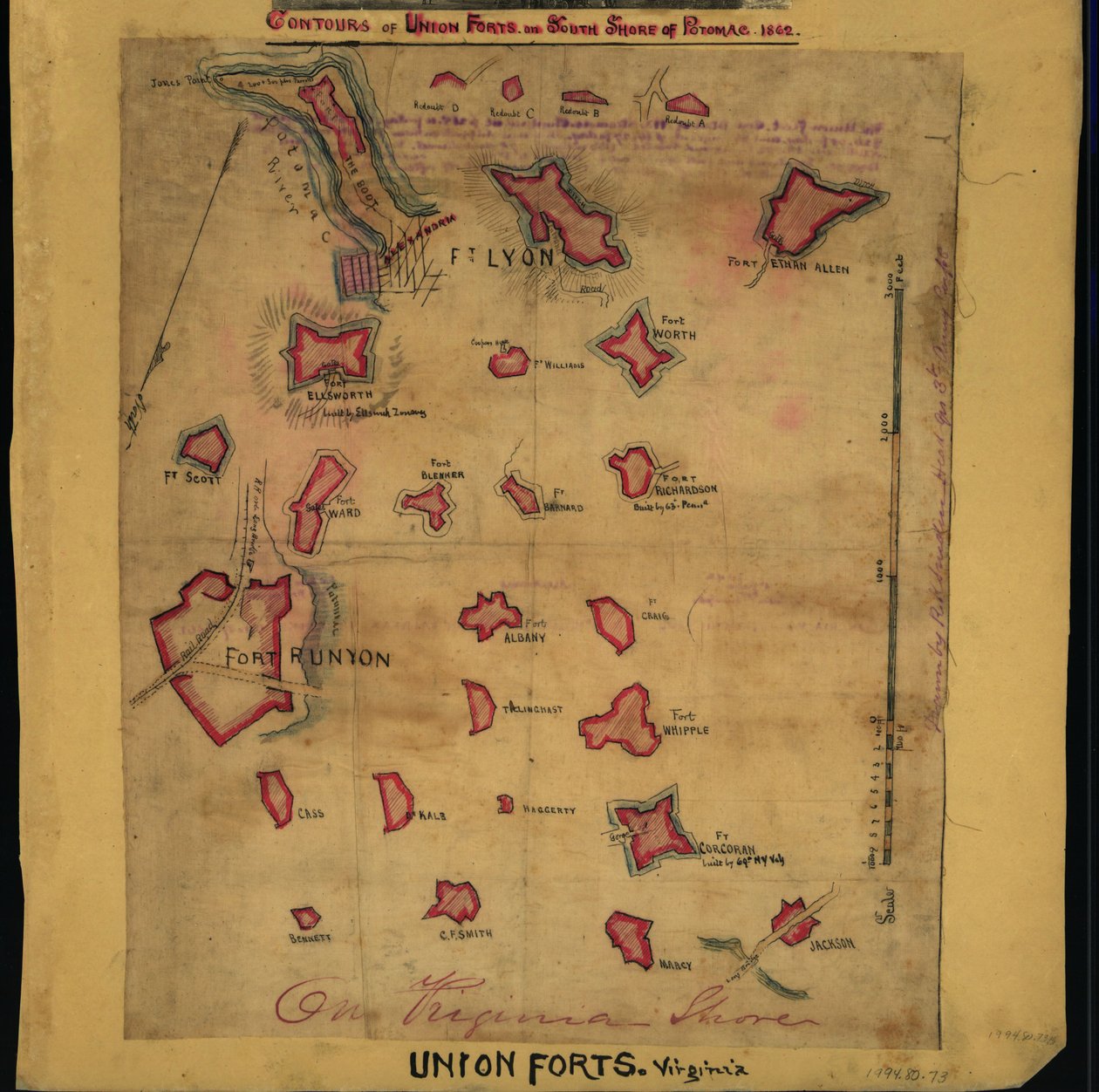 Contornos dos fortes da União no lado sul de Potomac, 1862 (mapa). LOC gvhs01.vhs00242 de Robert Knox Sneden