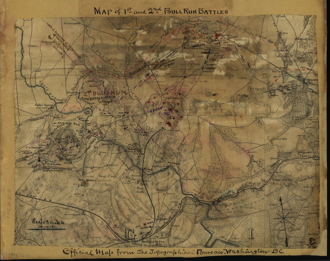 Mapa da 1ª e 2ª batalhas de Bull Run. Mapa oficial do Gabinete Topográfico, Washington, D.C. LOC gvhs01.vhs00239 de Robert Knox Sneden
