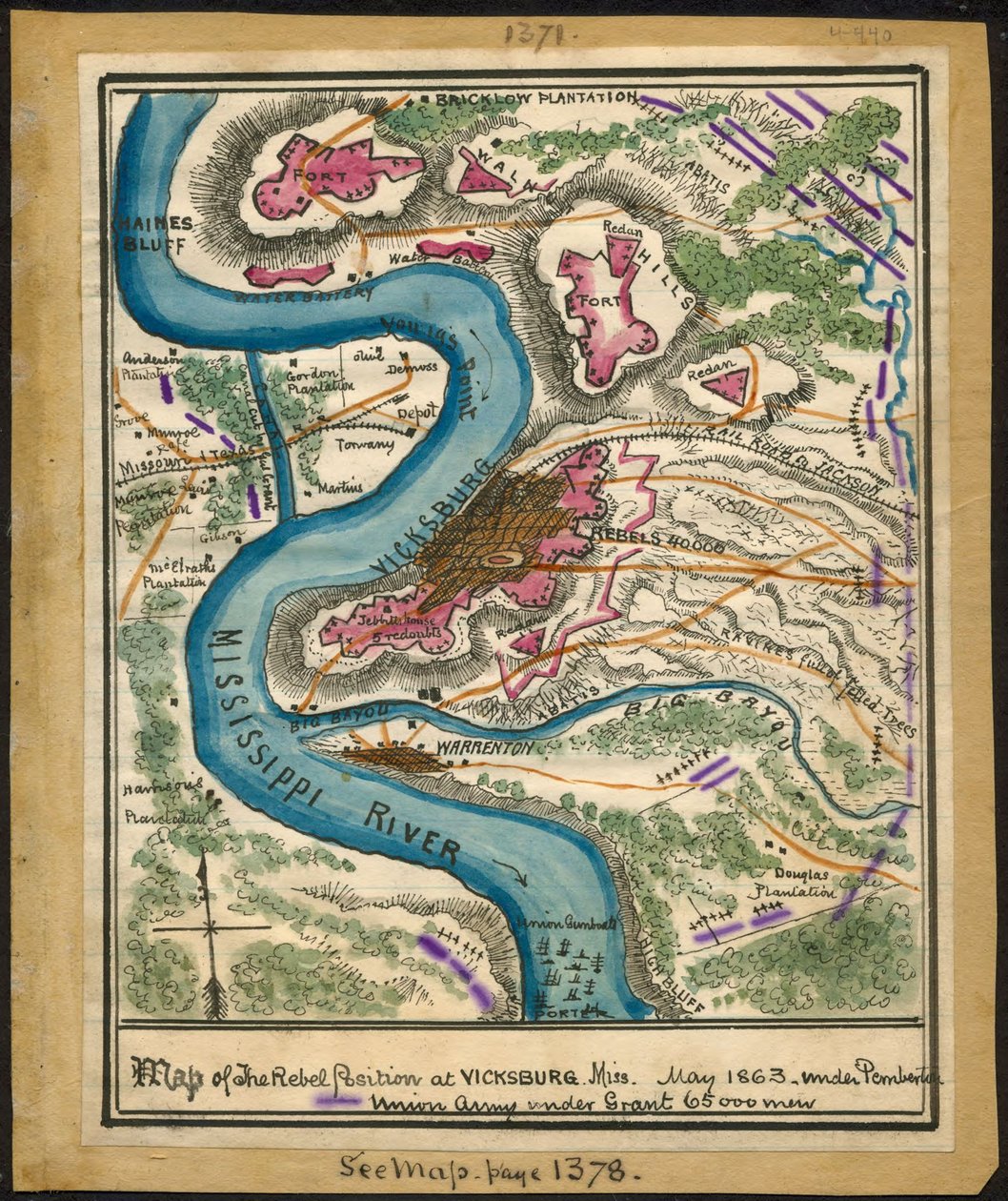 Mapa da posição rebelde em Vicksburg, Mississipi, maio de 1863. LOC gvhs01.vhs00140 de Robert Knox Sneden