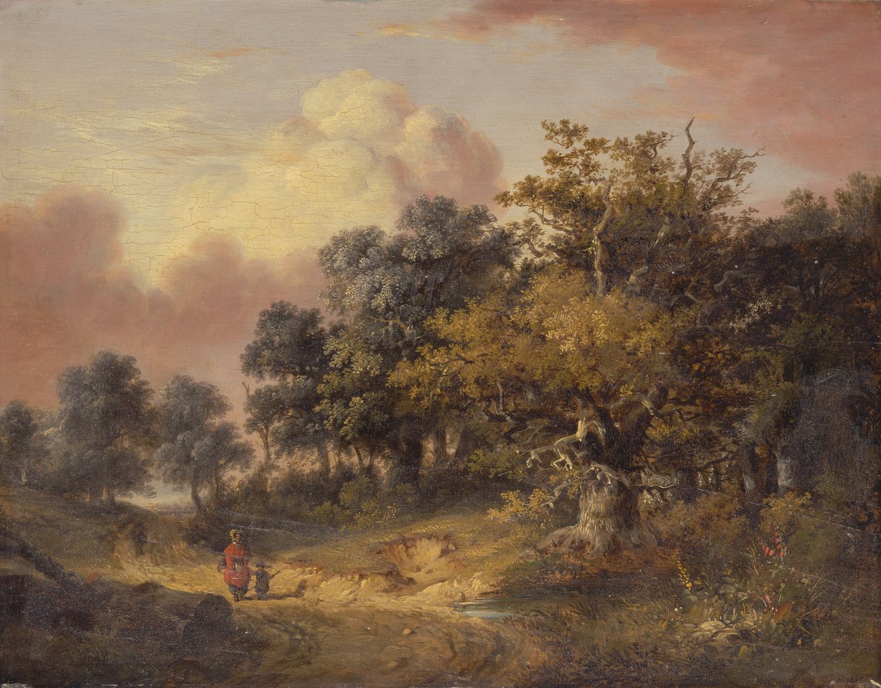 Paisagem arborizada com mulher e criança a caminhar por uma estrada de Robert Ladbrooke