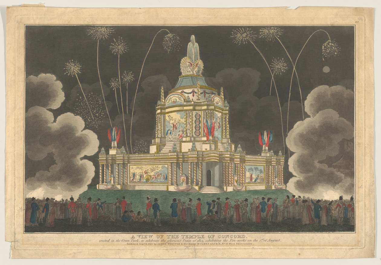 Uma vista do Templo da Concórdia erguido no Green Park, para celebrar o G..., 9 de setembro de 1814. de Robert Laurie