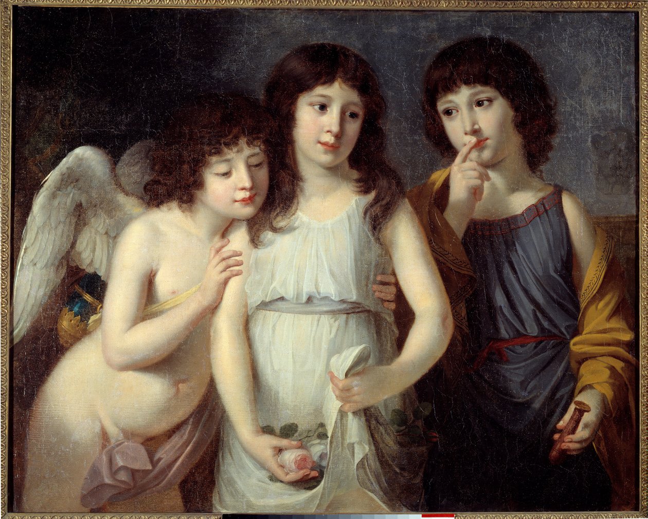 Os filhos da Sra. Langlois. Um anjo acompanha as duas crianças. Cada um deles segura um objecto que simboliza o seu sexo: uma rosa para a menina e um selo na manga para o rapazinho. Pintura de Robert Lefevre (1755-1830) de Robert Lefevre