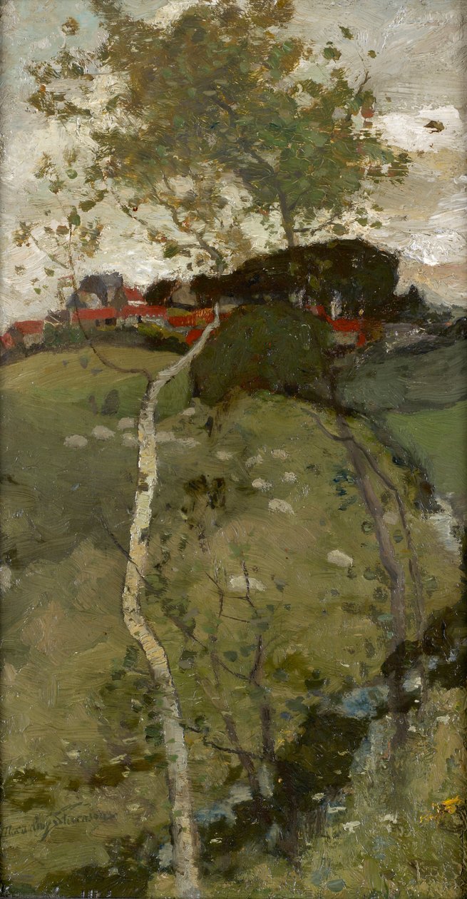 Village on a Hill - The Silver Birch (petróleo a bordo) de Robert Macaulay Stevenson