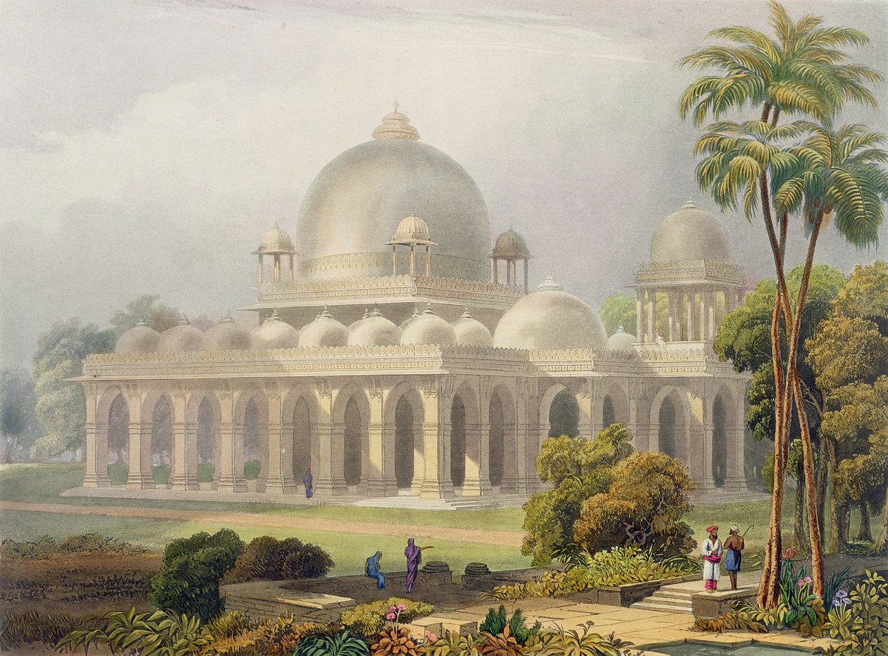O Roza em Mehmoodabad em Guzerat, ou o Túmulo de Vizir do Sultão Mehmood, do Volume II do Cenário, Fantasias e Arquitetura da Índia, gravada por John Willis (fl.1826-52) e gravada por Charles B de Robert Melville Grindlay