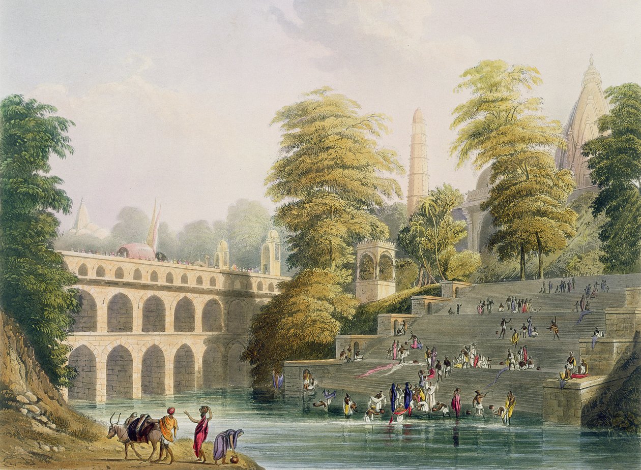 Vista da ponte perto de Baroda em Guzerat, do volume II do `Cenário, trajes e arquitetura de India &39;, gravado por J. Willis e H. Melville, gravado pelo bar de Charles Bentley (1806-54). de Smith, El de Robert Melville Grindlay