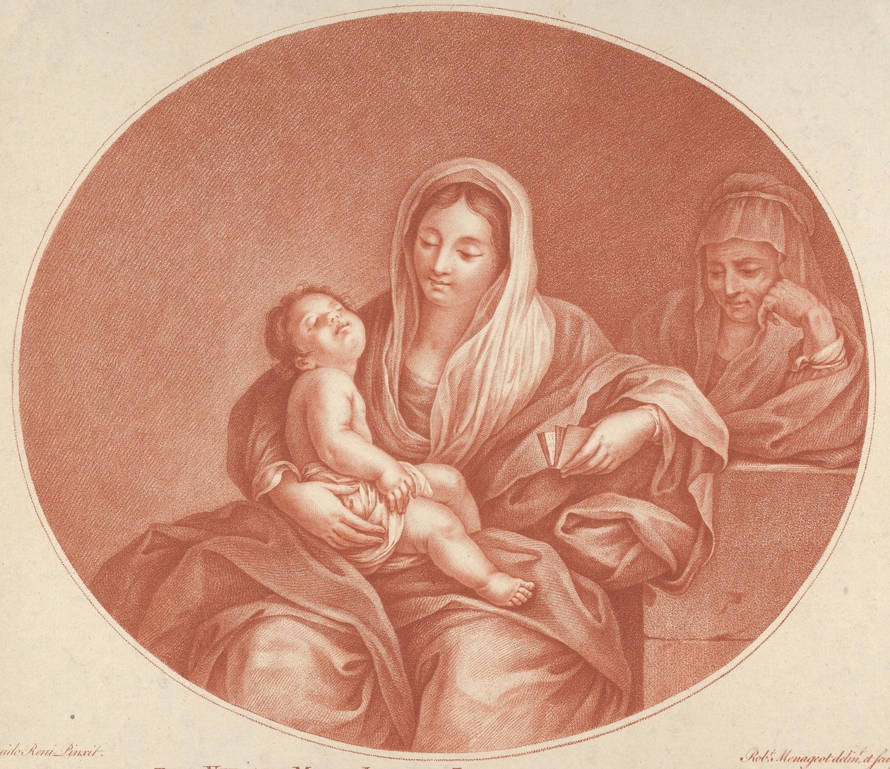 A Virgem sentada com o Menino Jesus dormindo no colo, Santa Isabel à direita, an..., 1776. de Robert Menageot