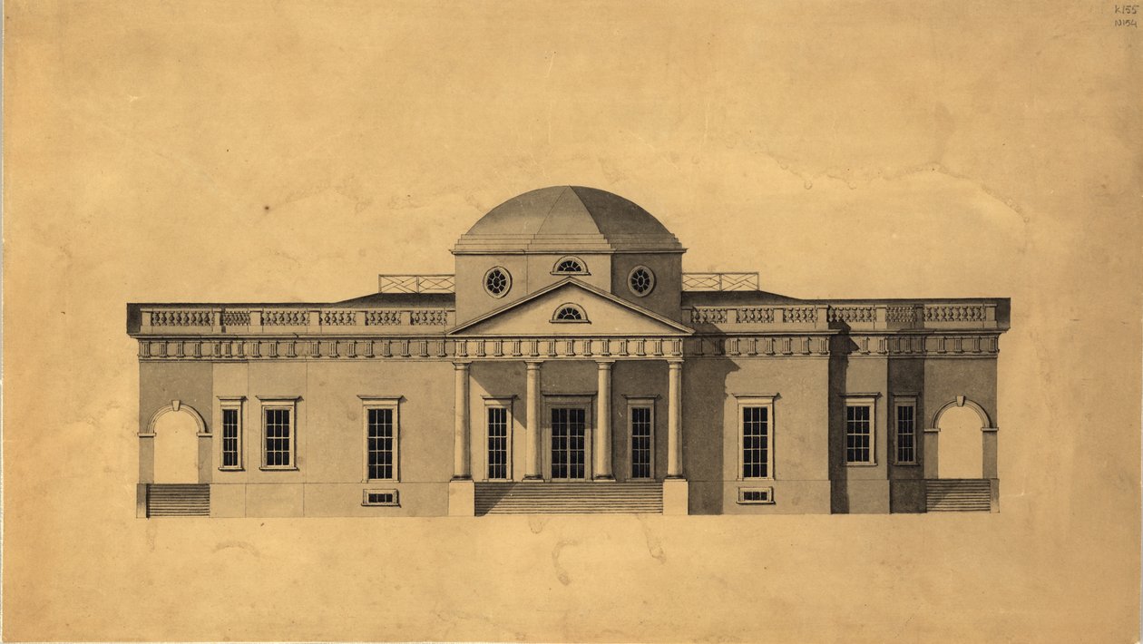 Monticello: 2 ª versão de elevação oeste, reto, 1803 caneta e tinta com wc em papel de Robert Mills
