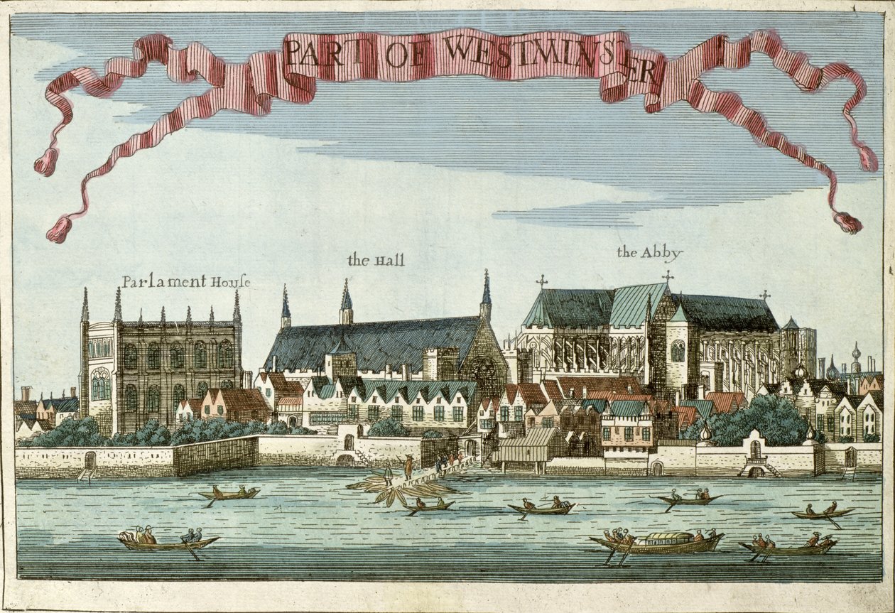 Westminster mostrando a Abadia, o Hall e a Casa do Parlamento, de "Um livro das perspectivas dos lugares notáveis da cidade de Londres", c.1700 de Robert Morden