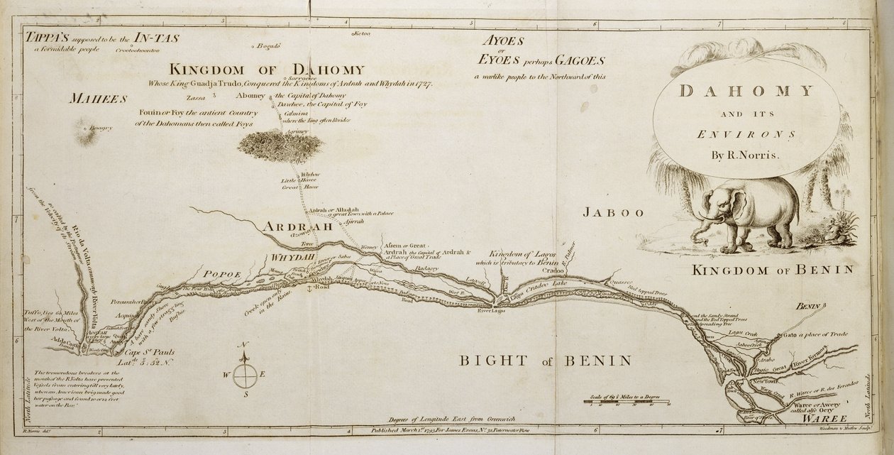 Daomé e seus arredores, de "A História do Daomé", de Archibald Dalzel, gravada por Woodman e Mutlow, pub. 1793 de Robert Norris