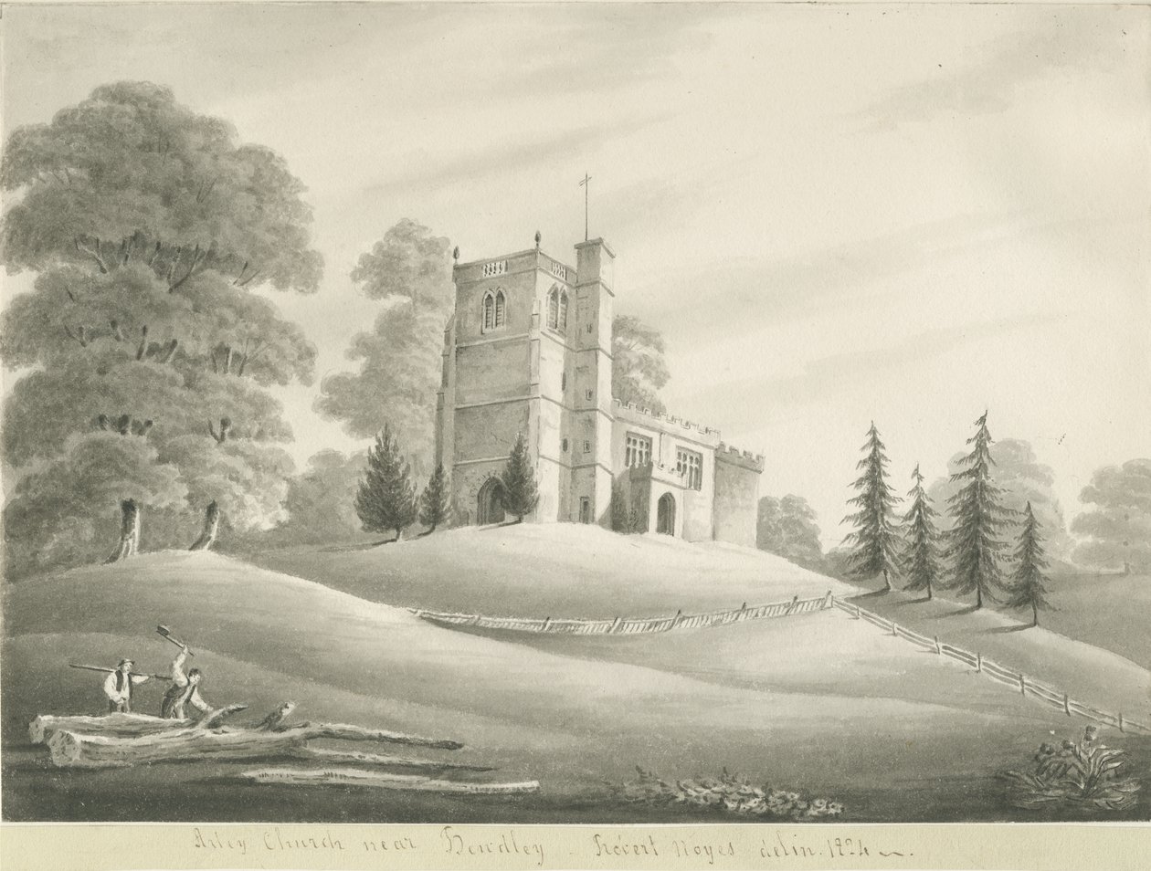 Igreja Arley: desenho sépia, 1824 de Robert Noyes
