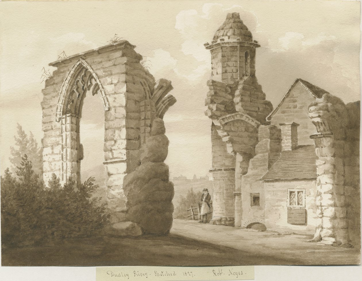 Dudley Priory: desenho em sépia, 1827 de Robert Noyes