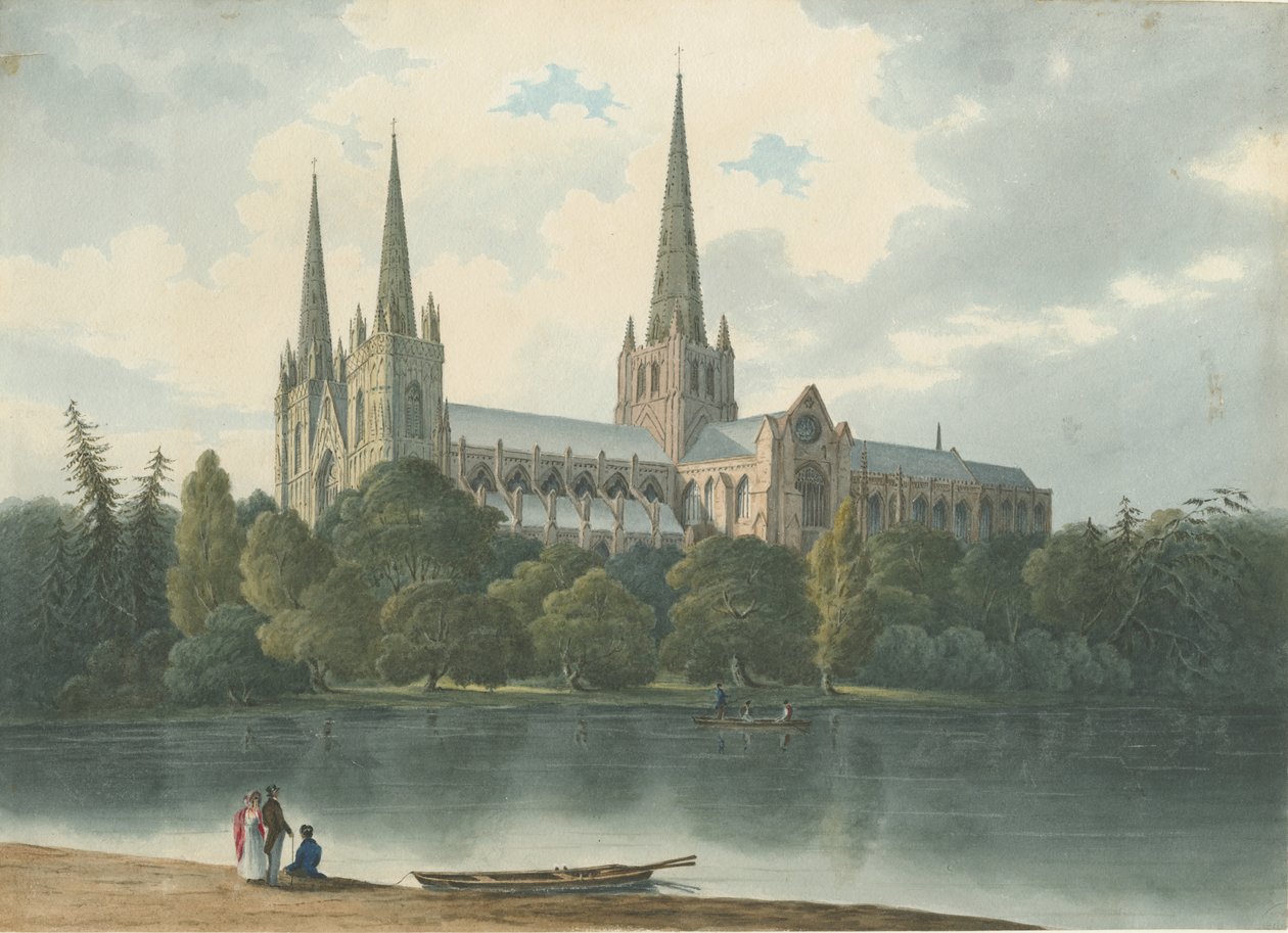 Catedral de Lichfield - Vista sudoeste: pintura em aquarela, julho de 1824 (pintura) de Robert Noyes