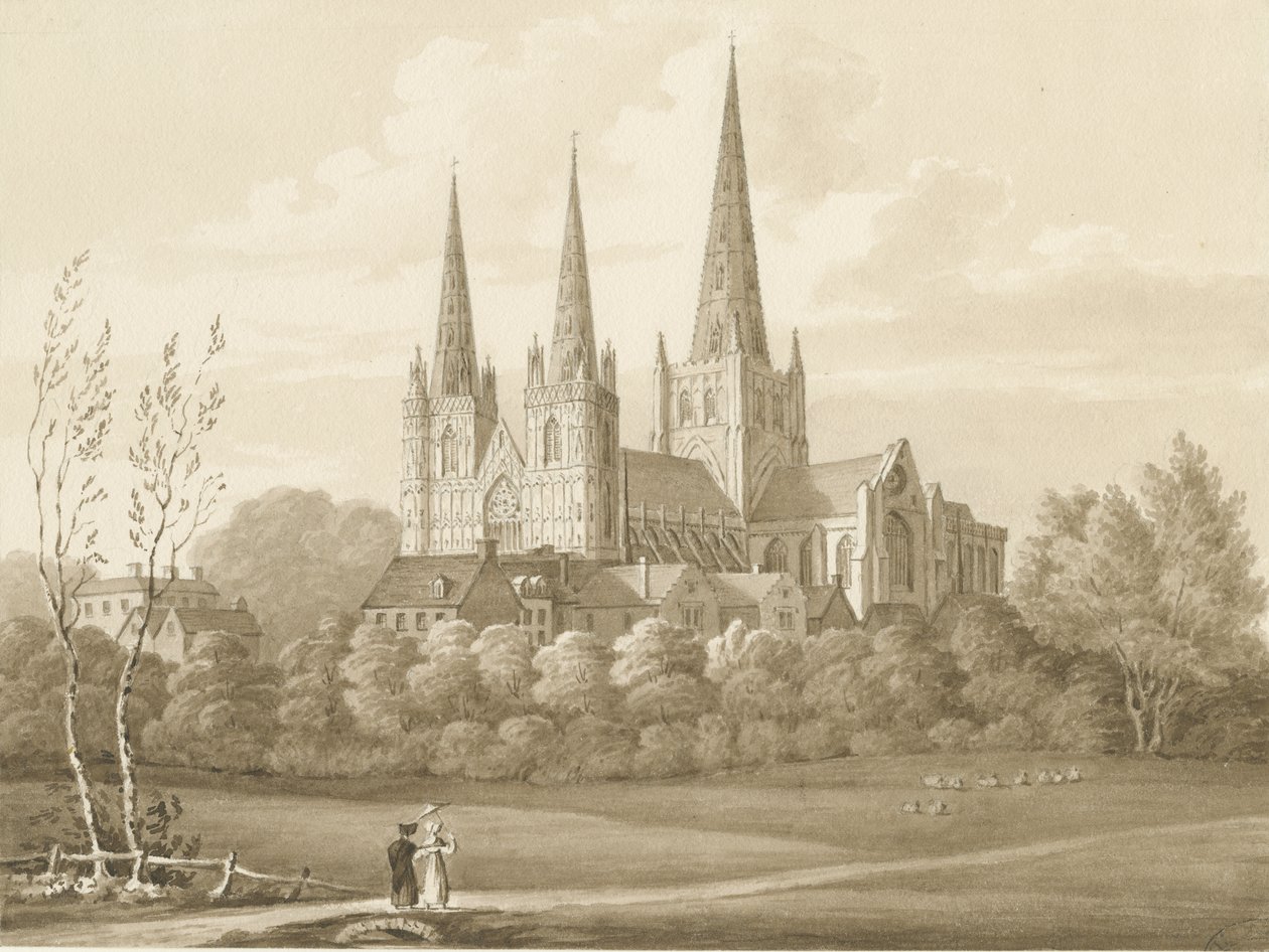 Catedral de Lichfield - Vista Oeste Sudoeste: desenho em sépia de Robert Noyes