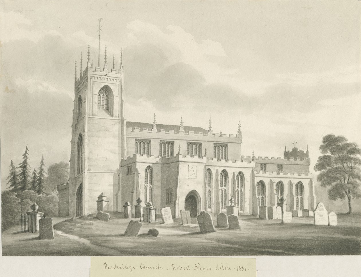 Igreja de Penkridge: desenho em sépia, 1831 de Robert Noyes