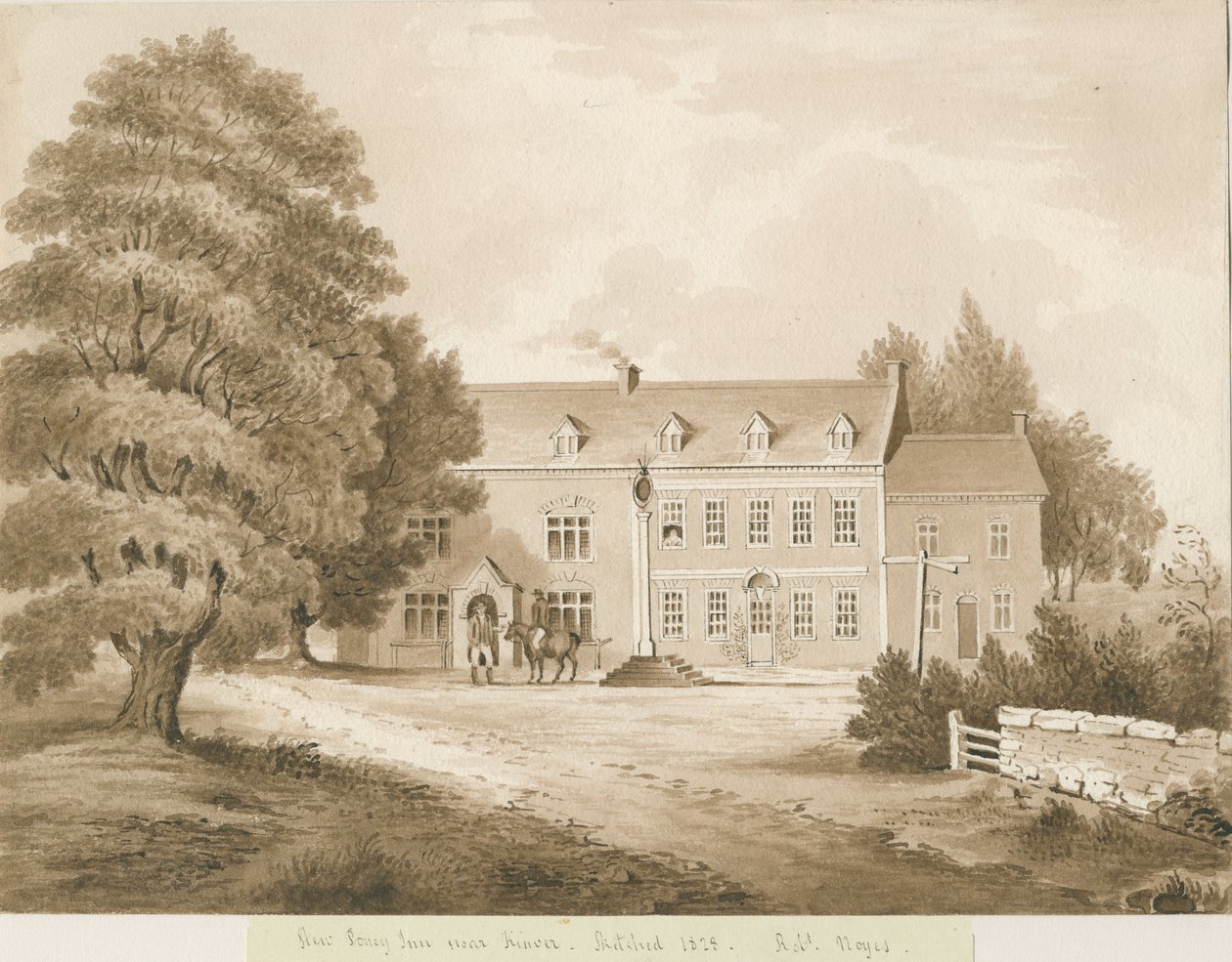 Stourton - "Estalagem Poney Inn perto de Kinver": desenho em sépia, 1828 de Robert Noyes