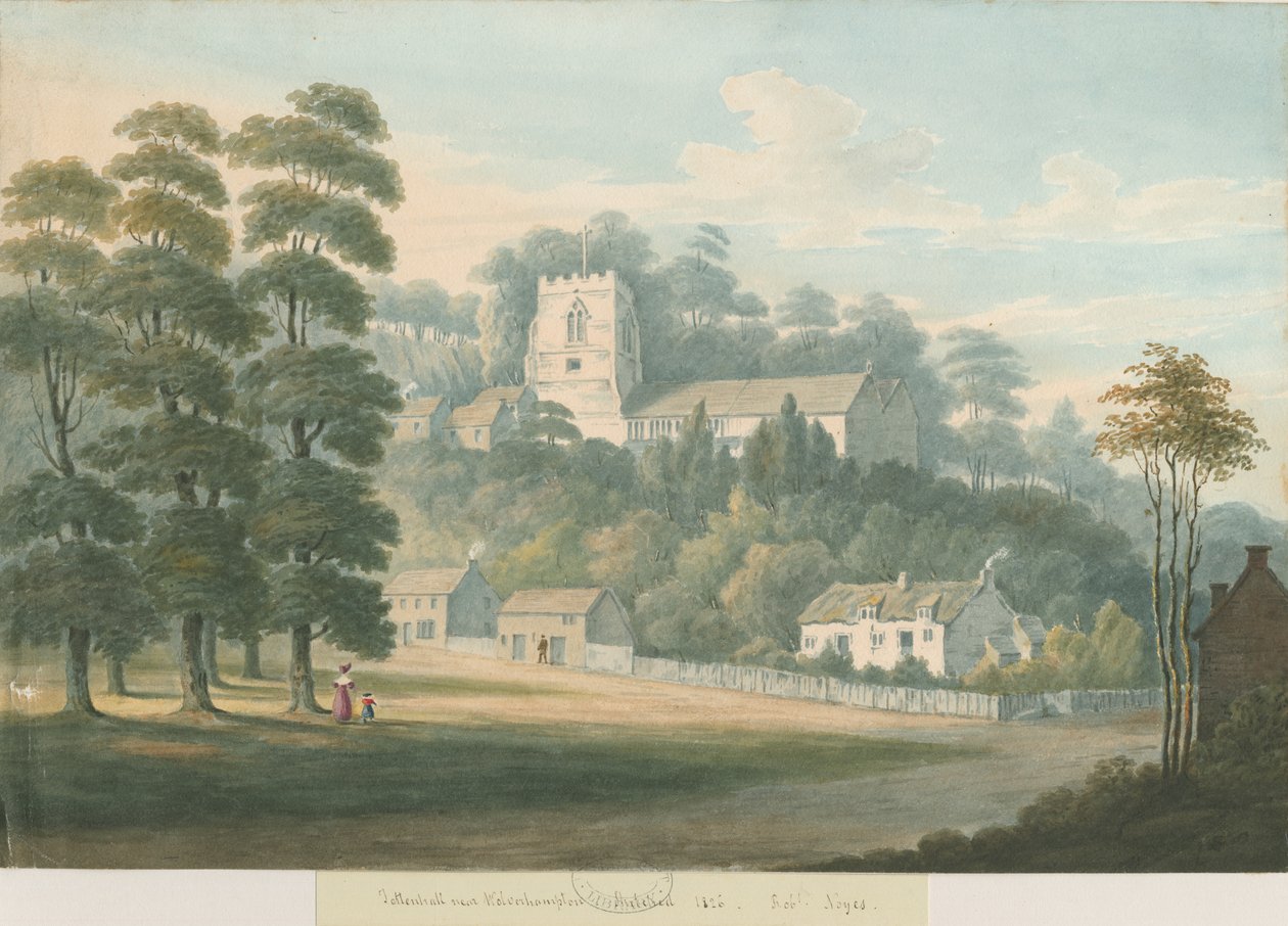 Igreja e vila de Tettenhall: pintura a aquarela, 1826 de Robert Noyes