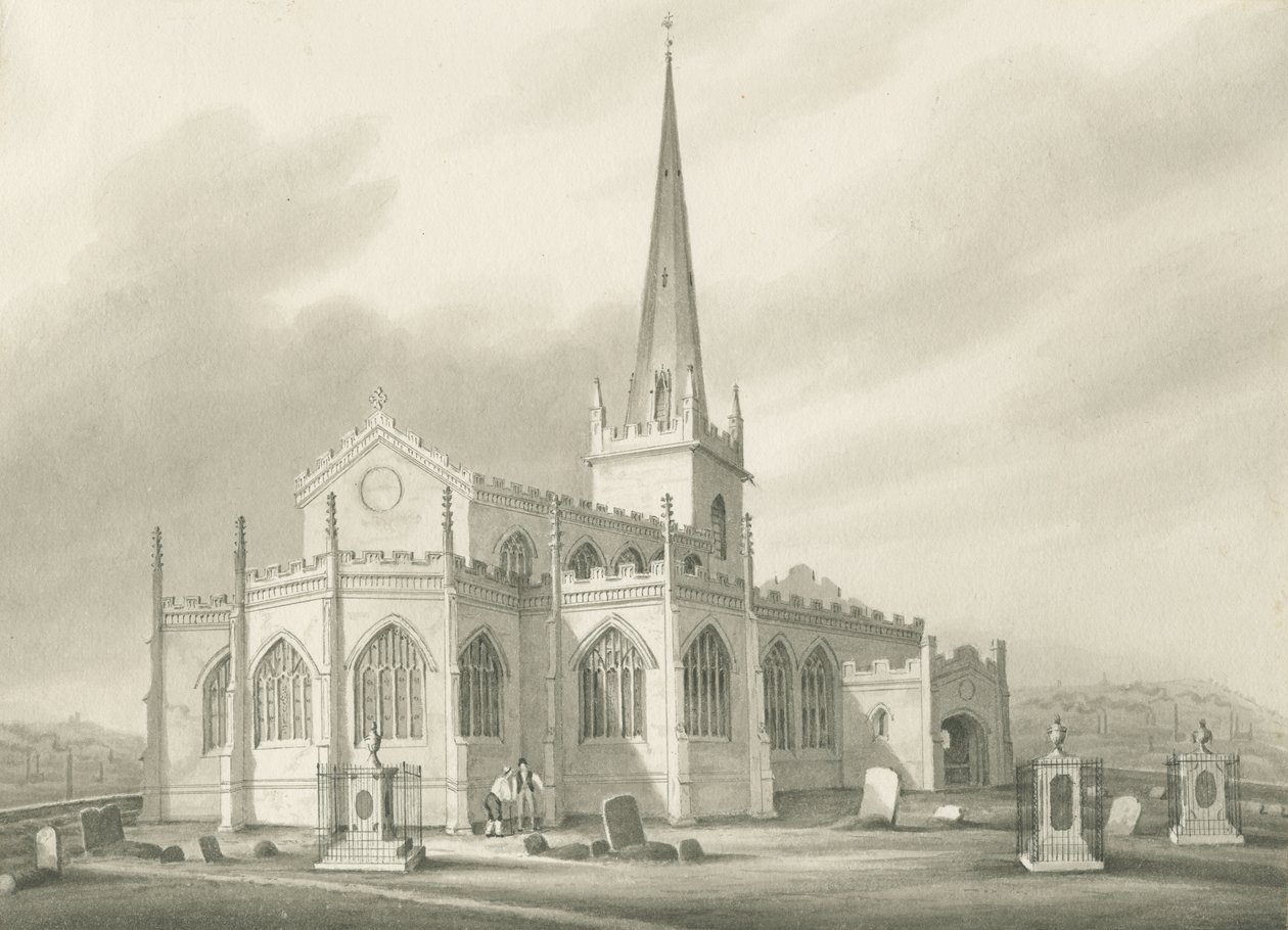 Wednesbury - Igreja de São Bartolomeu: desenho em sépia, nd [1827] (desenho) de Robert Noyes