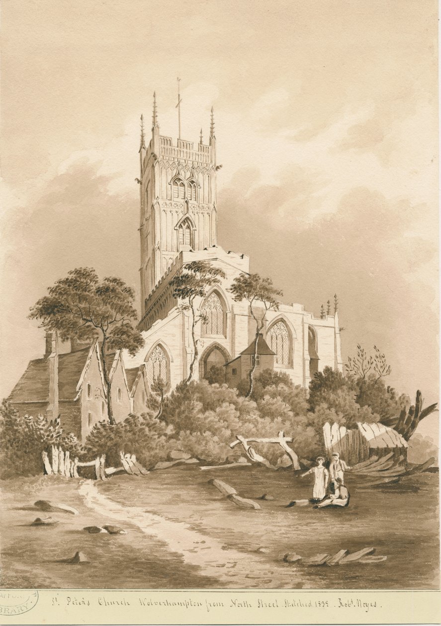 Wolverhampton - Igreja de São Pedro: desenho em sépia, 1838 de Robert Noyes