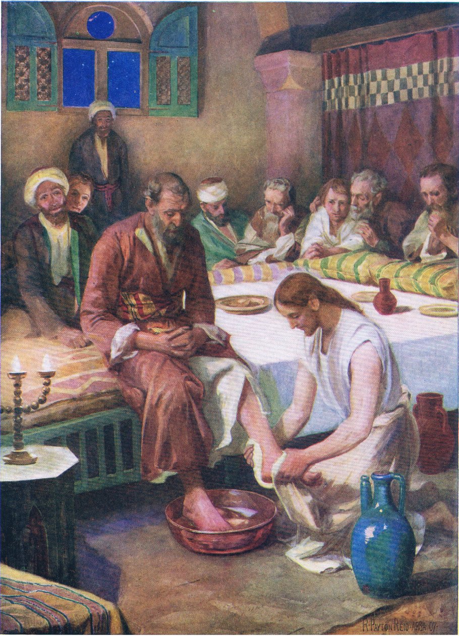 Jesus lavando os pés dos discípulos, de O Livro de Gravuras da Bíblia, publicado por Thomas Nelson, c.1950 de Robert Payton Reid