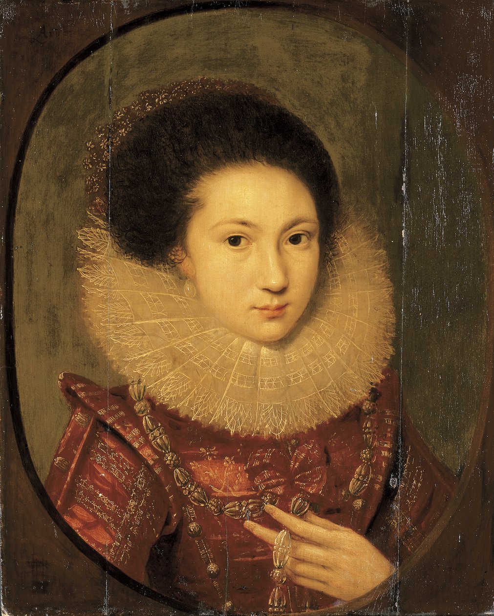 Retrato de uma menina, comprimento do busto, em um vestido bordado escarlate e gola de renda de Robert Peake