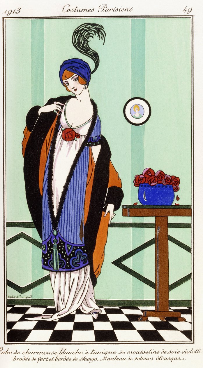Roupas parisienses: manto branco charmeuse com túnica de seda violeta bordada de Robert Pichenot
