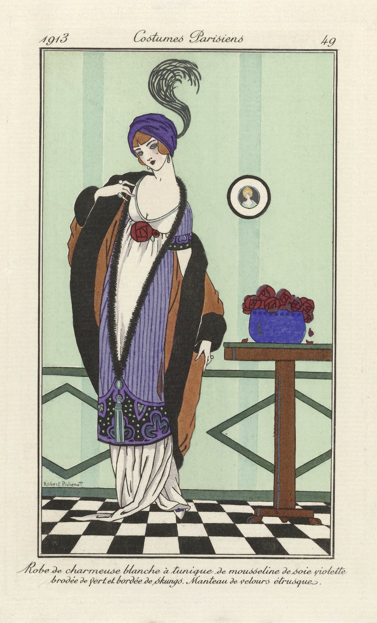 Vestido charmeuse branco com túnica chiffon roxo bordado com skungs verdes. Casaco de Veludo Etrusco, de Parisian Costumes, pub.1913 (estêncil) de Robert Pichenot