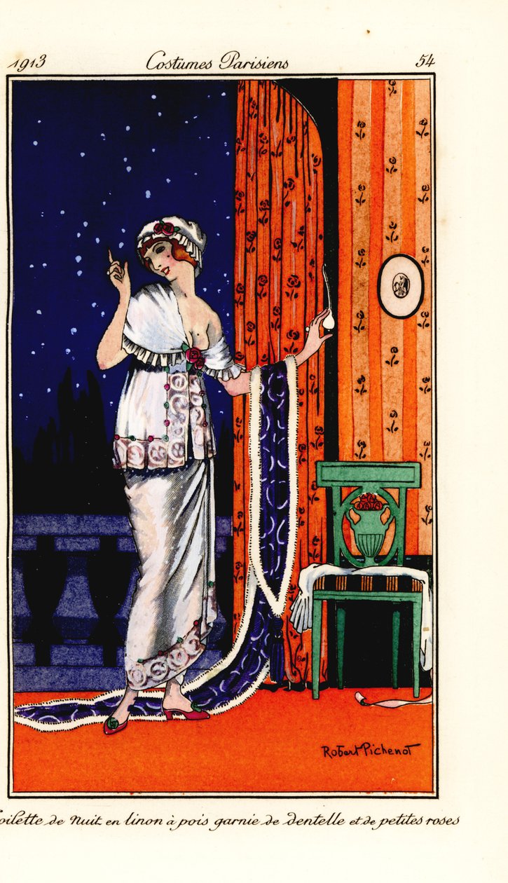 Mulher em vestido de noite de linho polka-dot decorado com renda e rosas. Toilette de nuit en linon a pois garnie de dentelle et de petites rosas. Piscina colorida à mão (stencil) gravada depois de uma ilustração de Robert Pichenot da Journa de Tommaso Ant de Robert Pichenot