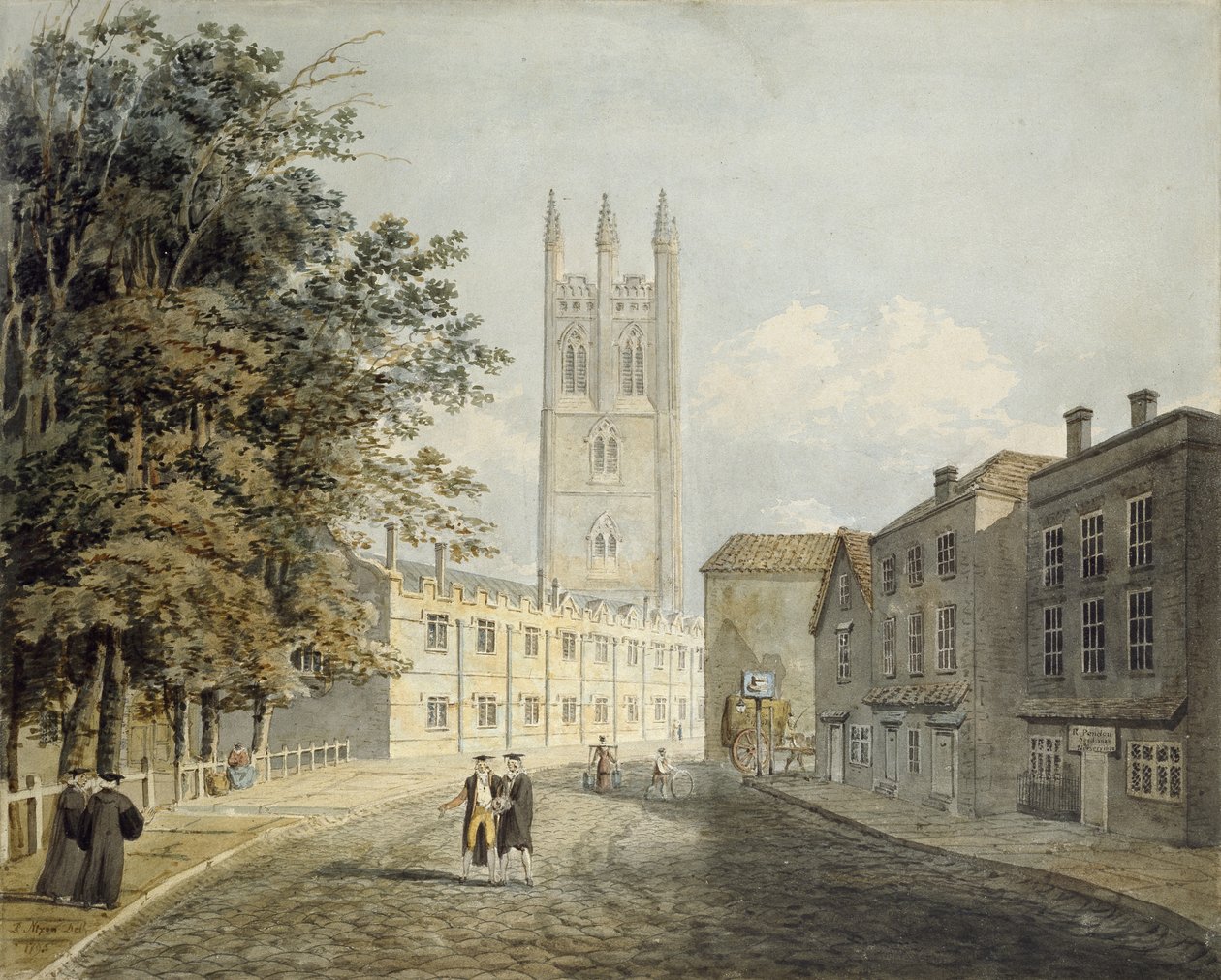 Magdalen College e o Eastern End da High Street, Oxford, 1795 (aquarela sobre indicações em grafite) de Robert Revd Nixon