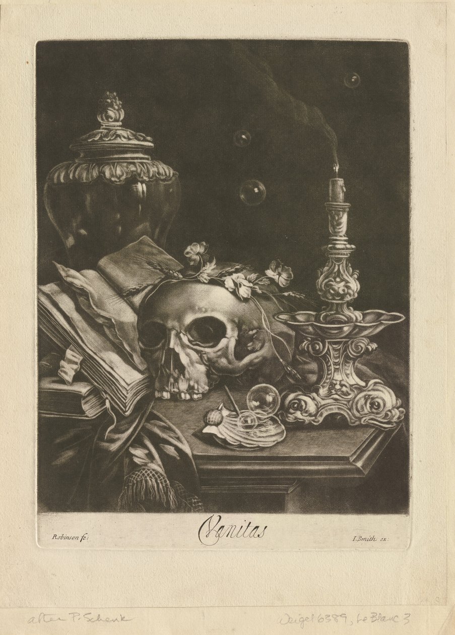 Vanitas Still Life, c.1685-88 (mezzotint com buril) de Robert Robinson