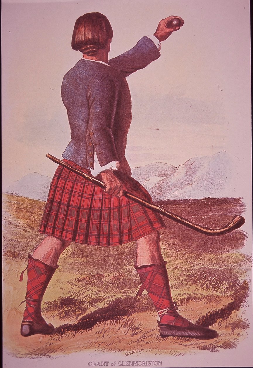 Clansman of Grant of Glenmoriston jogando Shinty (cor litho) de Robert Ronald (after) McIan