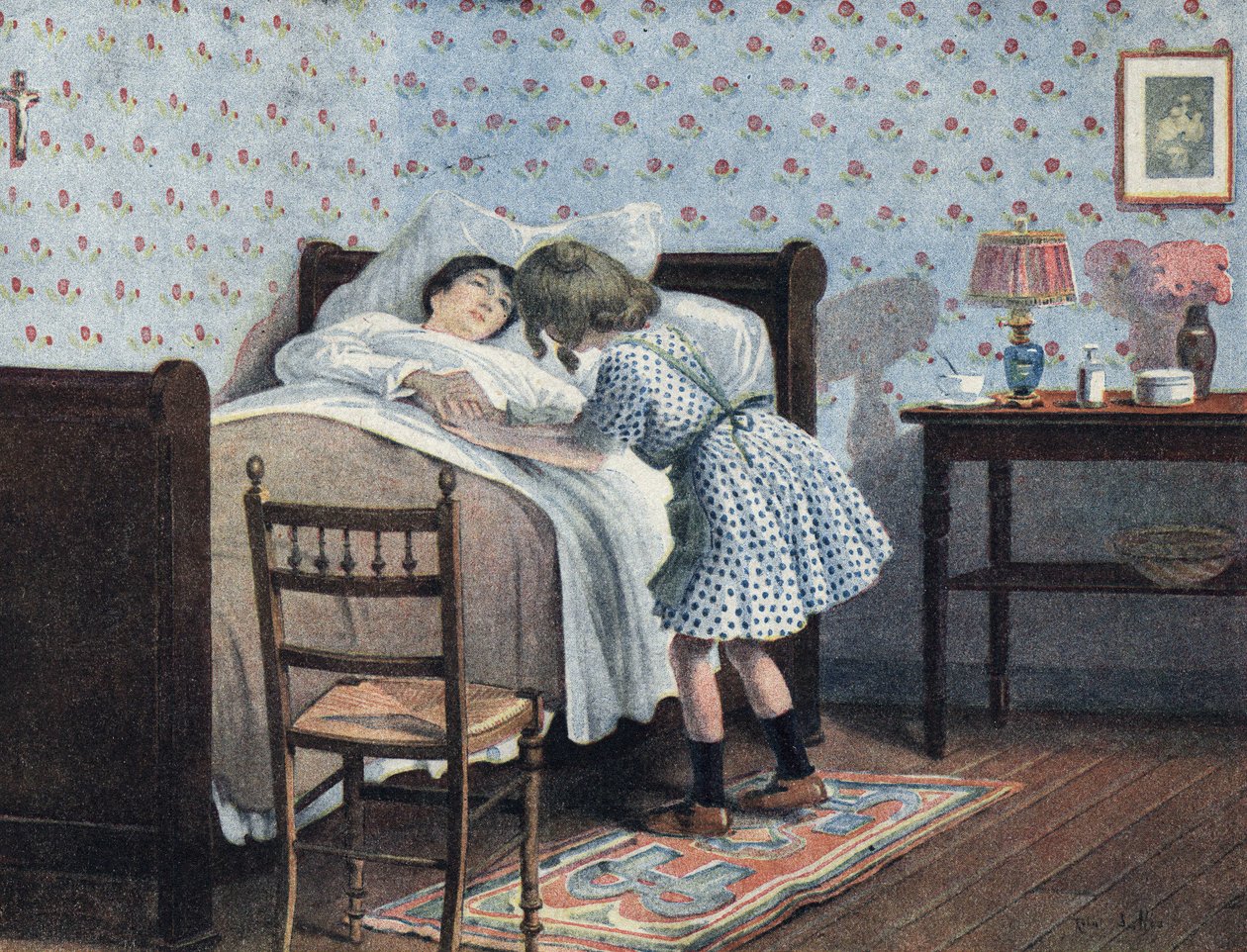Uma menina à beira da cama da sua mãe doente aguarda a sua guerra. Ilustração de Robert Salles (1871-1929) em "Je sais Lire". de Robert Salles